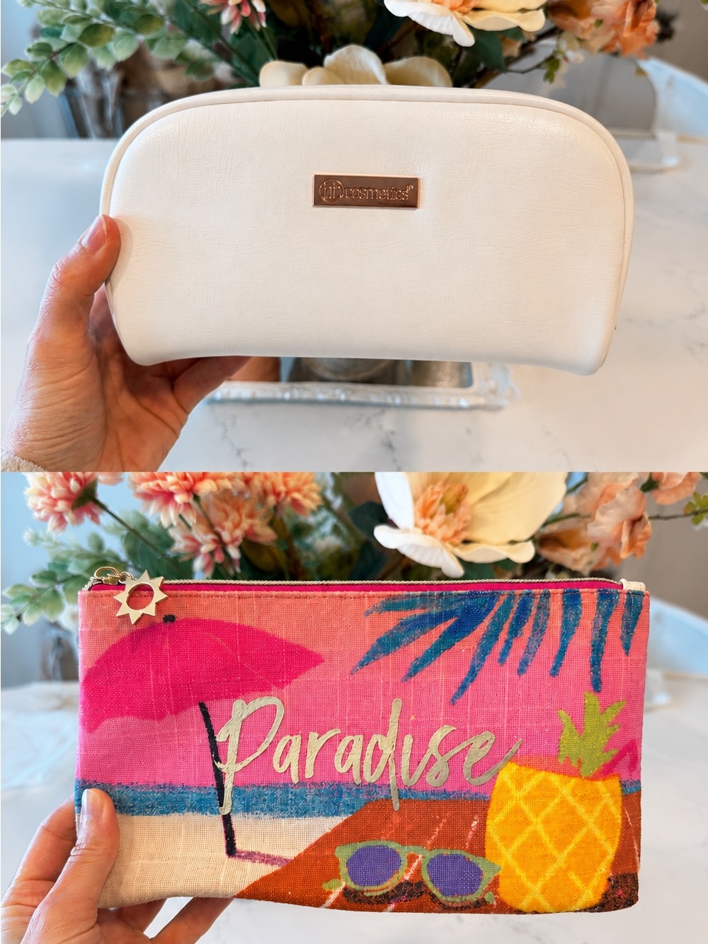 New BH Cosmetics White Makeup Bag + Paradise Tropical Cosmetic Pouch Bundle